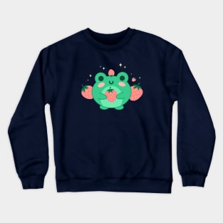 Neon Green Kawaii Frog, Blushing Strawberry, Retro Japanese Aesthetic Crewneck Sweatshirt